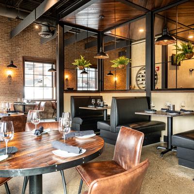 Dining area with set tables.