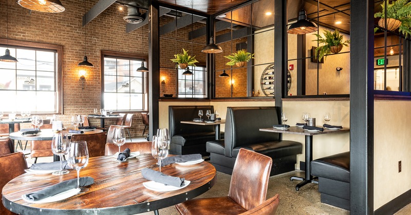 Restaurant interior, dining space with set tables