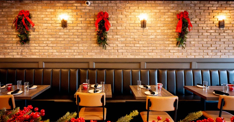 Interior, Banquette Seating with tables ready for guests