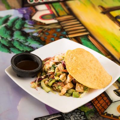 Shrimp ceviche tostada.