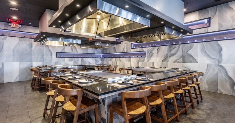 Interior, Teppanyaki grill table with high chairs around