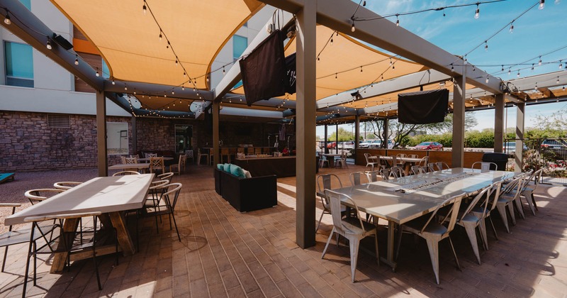 Exterior, large pergola, partially covered seating area, lantern ceiling decoration