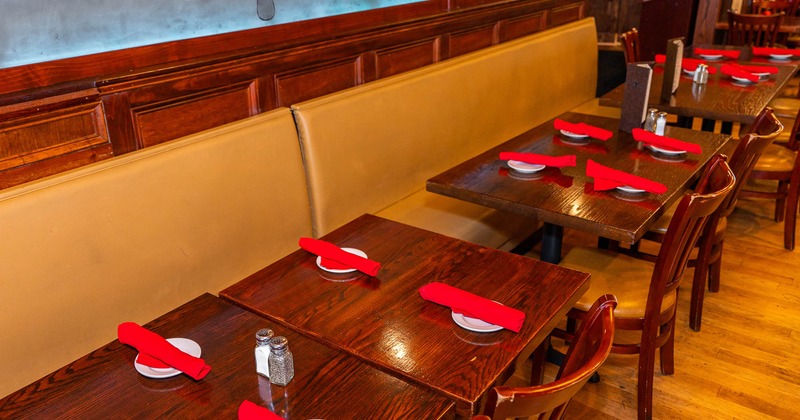 Interior, bench seating, tables and chairs