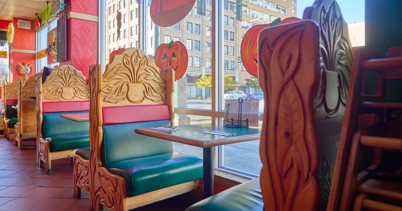 Interior, restaurant booths by the window