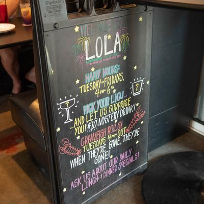 Interior, chalkboard signage.