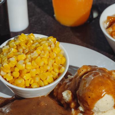 Country Fried Steak plate, side of sweet corn.