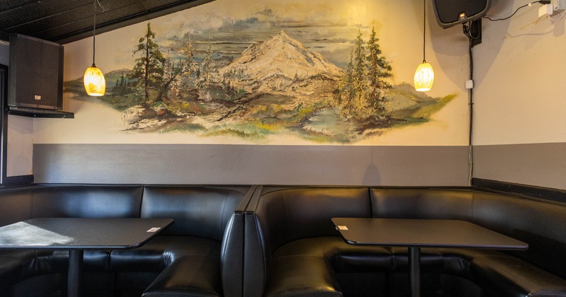 Dining booths, painted wall