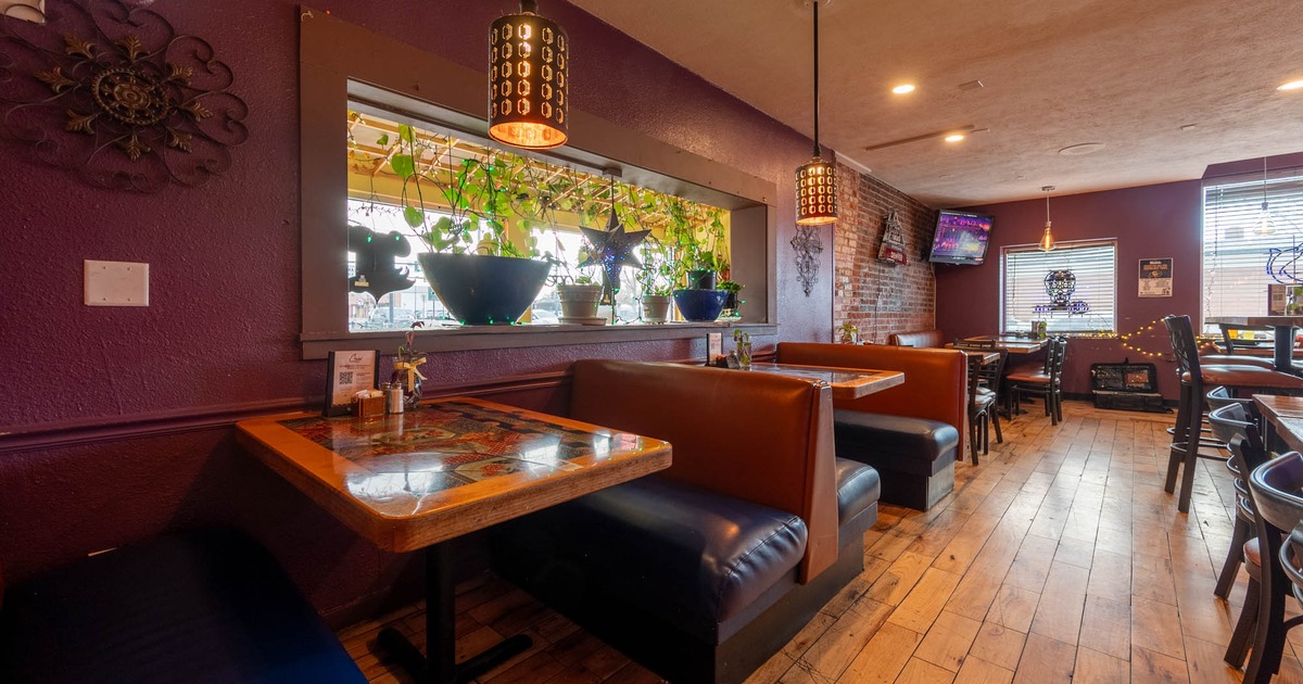 Interior, seating area, booths with tables