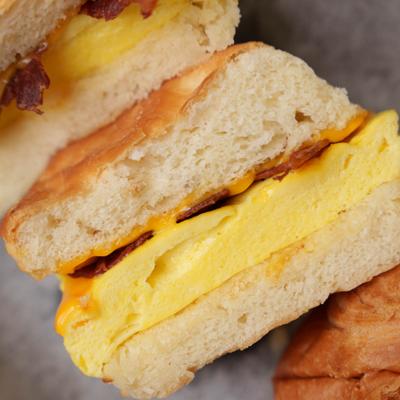 Bacon, egg and cheese sandwich, close up.