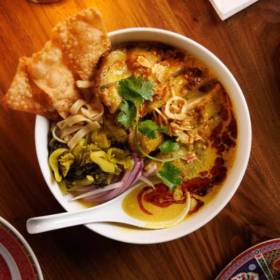 Curry noodle soup dish.