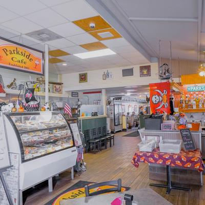 Parkside Cafe interior, ordering counter, various merchandise.