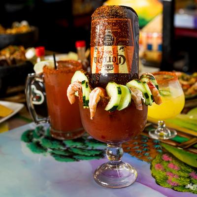 Shrimp cocktail with Corona beer.