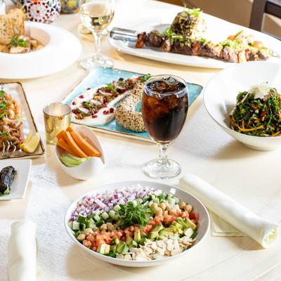 Different food dishes served on the table.