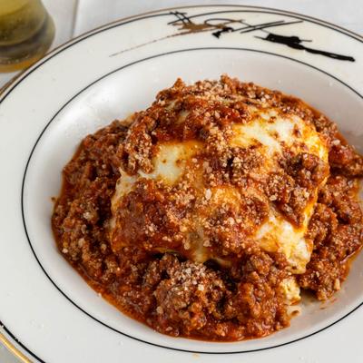 Lasagna, served, top view.