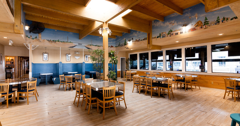 Interior, dining tables and restaurant booths