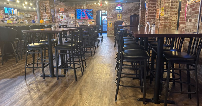 Interior, seating area, high tables and stools