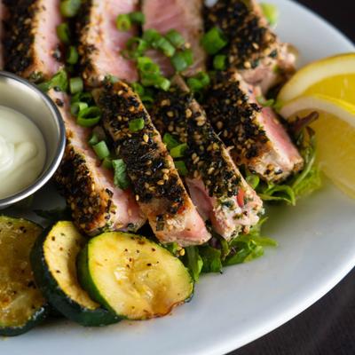 Furikake Ahi tuna plate, close up.