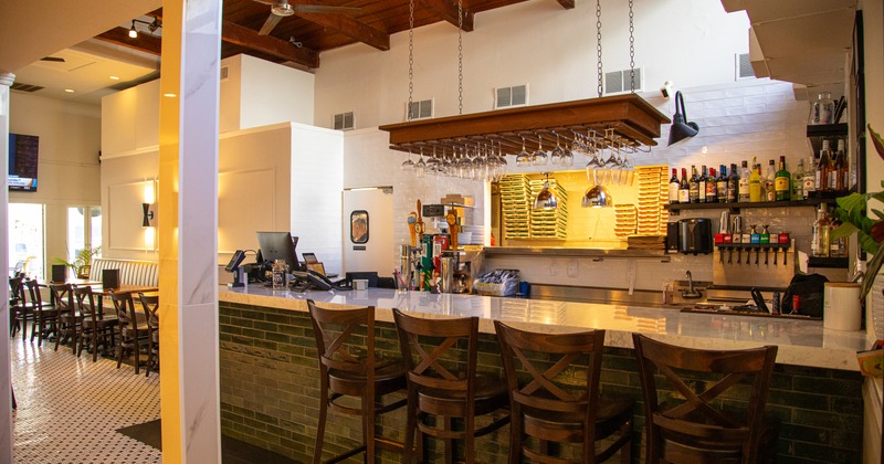 Interior, bar, stools, drink rack above