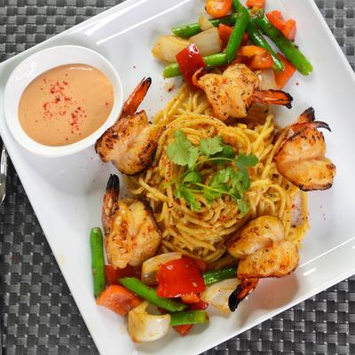 Garlic Noodle & Grilled Shrimp.