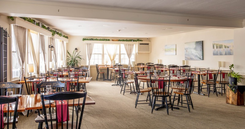 Spacious seating area with chairs and tables
