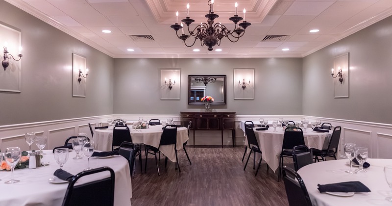 Private dining room with elegant set tables perfect for any occasion