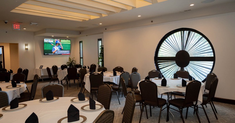 Interior, seating area with rounded tables