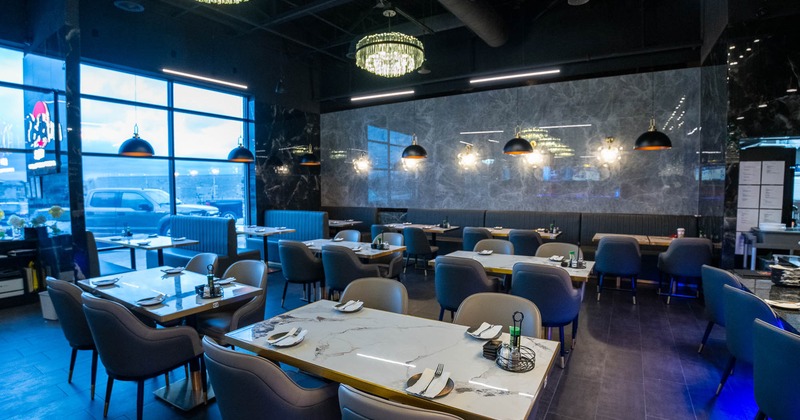 Interior, dining area with large window