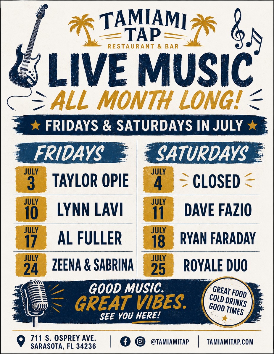 Live Music Every Friday and Saturday. For live music inquiries contact marc at marc@tamiamitap.com