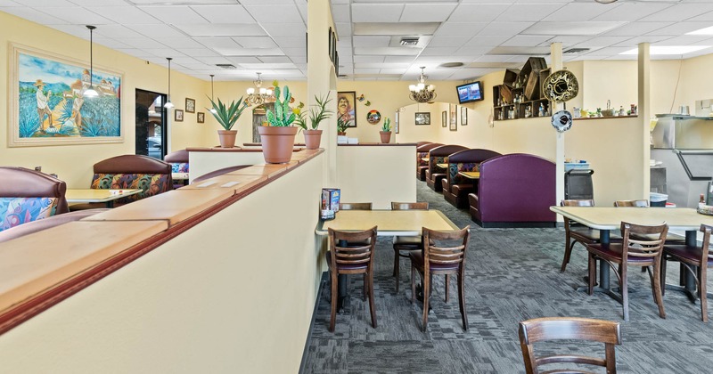 Interior, wooden tables and chairs