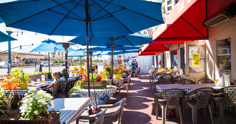 Exterior, seating area, parasols