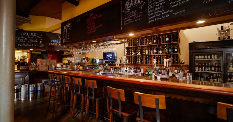 Interior, bar area, bar and bar stools