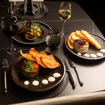 Various meals and drinks on the table.
