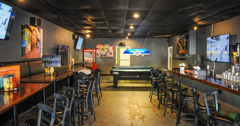 Interior, bar and seating area, gaming area in the back