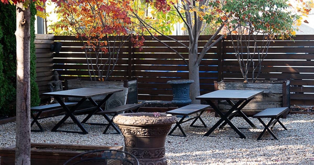 Outdoor patio seating with tables and benches