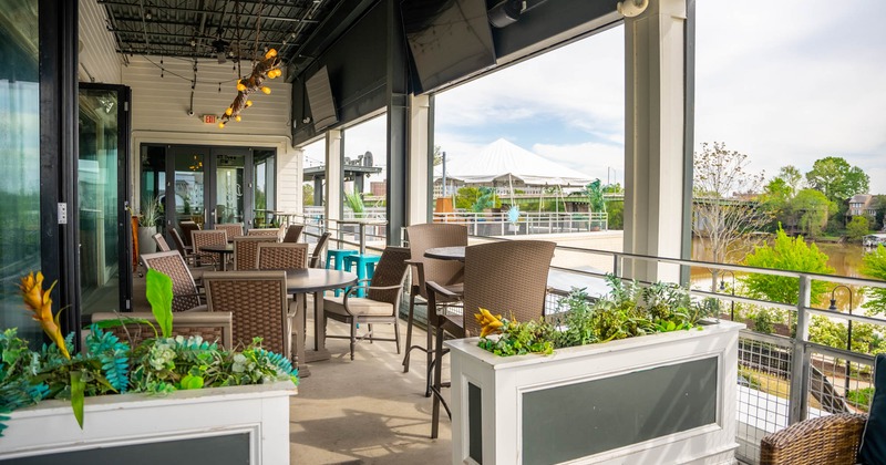 Balcony seating area, flower decorations