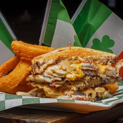 Grouper Reuben, and a side of onion rings.