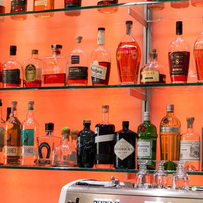 Bar shelves with spirits.