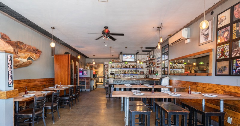 Interior space, wide shot of dining and bar area