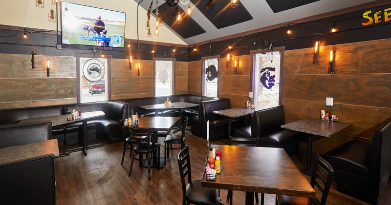 Interior, bench seating with tables and chairs