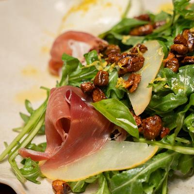 Burrata salad, with prosciutto and arugula.