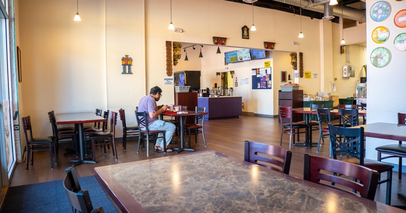 Interior, diner area, view over table desk