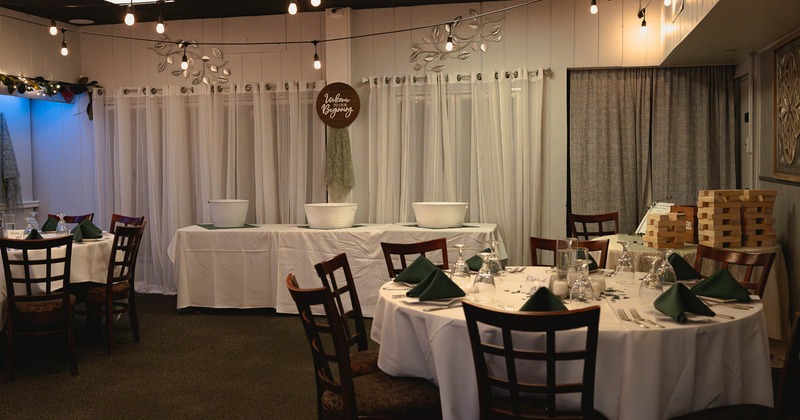 Interior, dining area with rounded tables