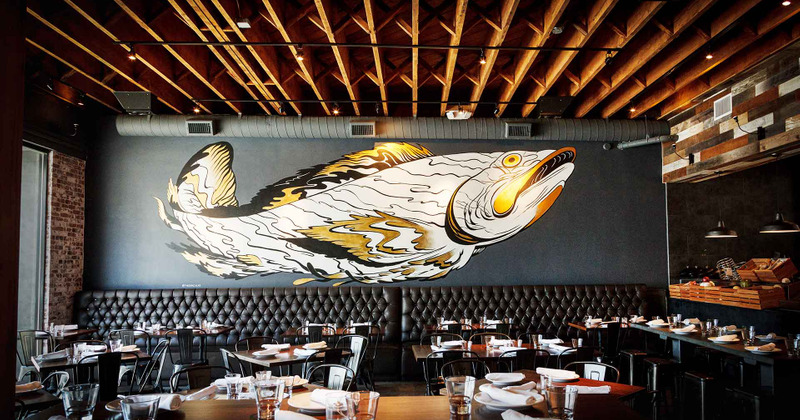 Interior, restaurant sign in the back