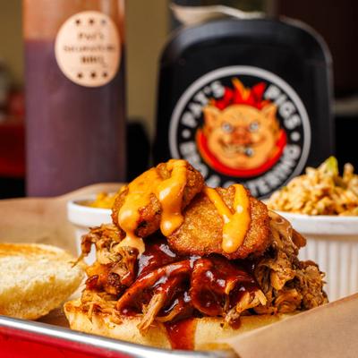 Fried Pickle and pork Sammy plate.