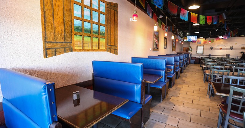 Interior, blue booth seating area