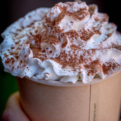 whipped cream with cinnamon on top of a hot latte.