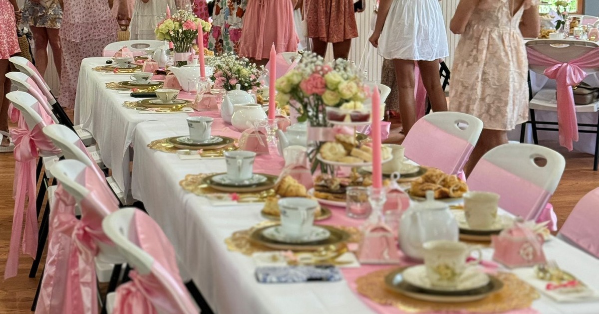 Indoor tablescape set up for a pink-themed high tea party