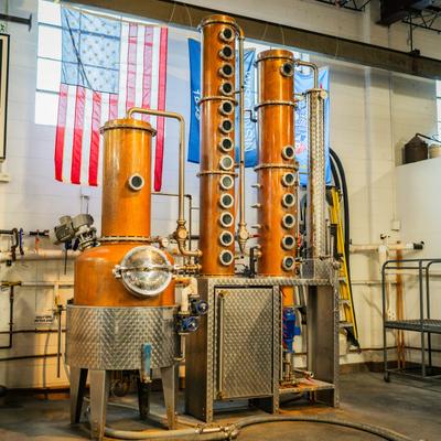 Copper distilling equipment inside the production facility.