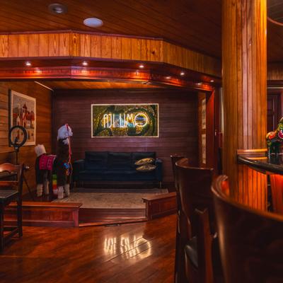 Wooden interior design, seating area, bar.