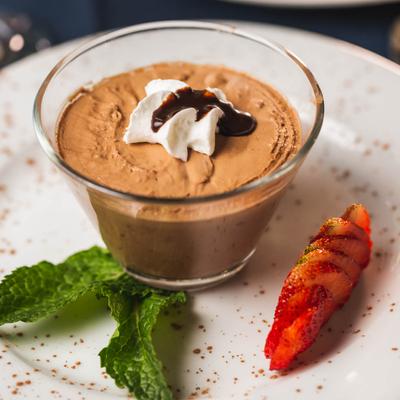 Chocolate Mousse, with strawberry slices on the side
